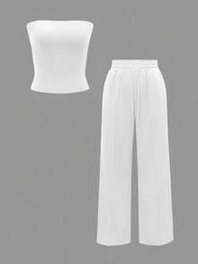 Vaiaye 2pcs Set Autumn Clothing Slim Sexy Strapless Cropped Top Basic Tank Top Fashion Solid Color Elastic Fitted Yoga Tube Top, Spring Summer Long Pants Set - White - View 3