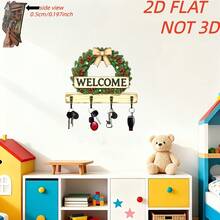 2D Flat Wooden Multi-Function Key Holder With Christmas Wreath Pattern, 4 Hooks, Suitable For Wall Decor And Porch Decoration - Multicolor - View 4