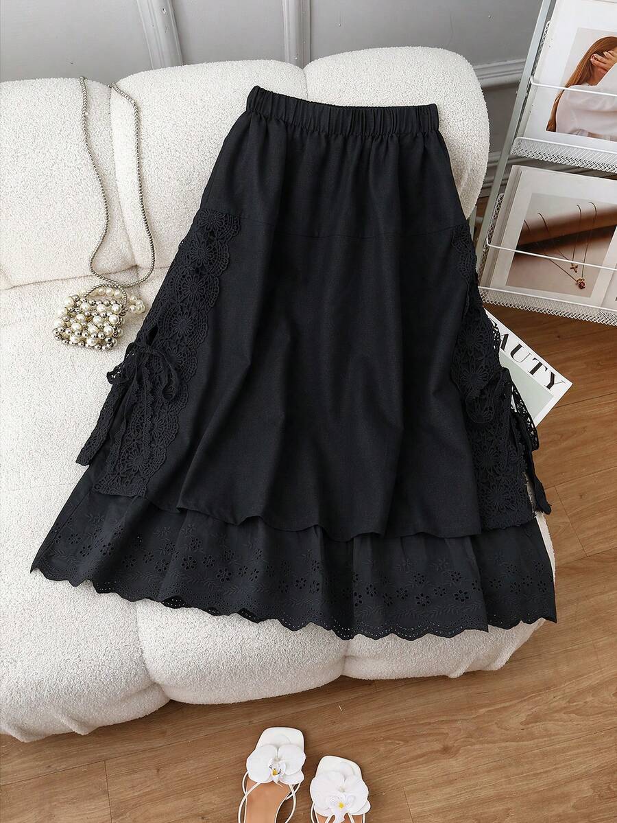 Women's Spring/Summer New Linen Fabric Embroidered Hem Long Skirt, Casual Versatile Elastic Waist Lace Patchwork Skirt Black