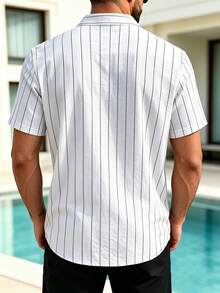 1件男士夏季休閒條紋襯衫，綠色亞麻混紡短袖鈕扣上衣，適合休閒、度假穿著，送給男士的完美禮物 - 白色 - 查看 3