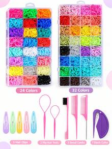 Christmas Hair Styling Tool Set, 24/32 Colors Small Rubber Bands With Storage Box, Children's Hair Accessories Set Includes Hair Flip Tool / Pointed Tail Comb / Eyebrow Brush / Hair Clips / Rubber Band Cutter, Ponytail Braiding Styling Tools Suitable For Girls, Bubble Braids Daily Hairstyles - Multicolor - View 1