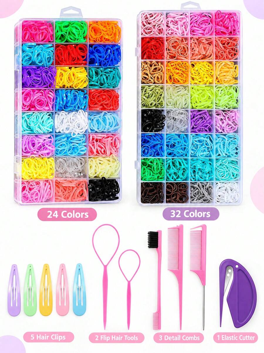 Christmas Hair Styling Tool Set, 24/32 Colors Small Rubber Bands With Storage Box, Children's Hair Accessories Set Includes Hair Flip Tool / Pointed Tail Comb / Eyebrow Brush / Hair Clips / Rubber Band Cutter, Ponytail Braiding Styling Tools Suitable For Girls, Bubble Braids Daily Hairstyles - Multicolor - View 1
