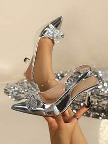 Women's Pointed Toe Slingback Stiletto High Heel Pumps, Elegant Party Evening Shoes With Rhinestone Bow, Silver Mirror Finish, For Gala And Date - Silver - View 3