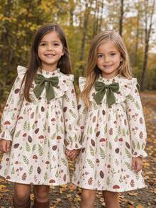 Young Girls Vintage Mushroom & Plant Print Dress, Ruffle Hem Big Bow Long Sleeve Loose Casual Cover-Up Dress - Mint Green - View 2