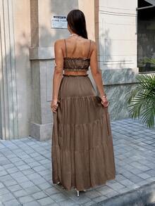 Vellofy Women's Autumn/Winter Coffee Brown Ruffle Camisole Top + Layered Long Skirt Two Pieces Set, Elastic Waist Home Casual Daily Date Party Outfit - Brown - View 6