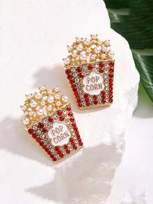 1 Pair Girls Cute Popcorn Food Stud Earrings, Faux Pearl And Rhinestone Decorated Gold Earrings, Children Party Costume Jewelry Accessories - Style 1 - View 3