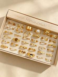 30pcs Snake & Heart Women's Ring Set, Elegant Luxury Multi-Piece Finger Rings For Party, Vacation, Daily Wear, Fashion Jewelry Gift, Random Style - Yellow Gold - View 2
