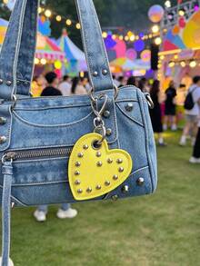 JRESSIAL Y2K Punk Rivet Black Faux Leather Heart Keychain Gothic Heart Shaped Clasp Bag Charm Cool Street Style Backpack Pendant Gift For Girl - Yellow - View 4