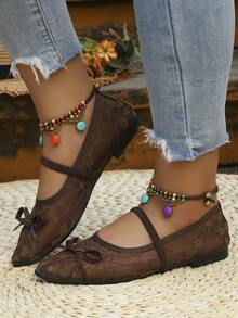 Pointed Toe Bow Preppy College Knot Flat Shoes For Office, Outdoor, Party, Beach, Holiday, All Seasons - Coffee Brown - View 4