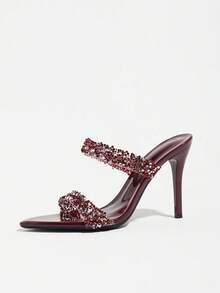 Women's Burgundy Glossy Rhinestone Pointed Toe Stiletto Heel Slide Sandals, Double Strap Embellished Open Toe High Heel Mule Shoes, Sexy Party Evening Wedding Outdoor Wear - Burgundy - View 4