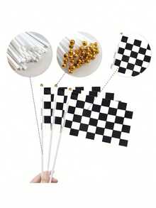 1/2/5/10/20/50pcs Black And White Checkered Racing Flags With 30cm Long Plastic Sticks Can Be Used As Racing Theme Handheld Sticks, Suitable For Party Decorations, Racing Theme Parties, Car Theme Birthday Parties, Holiday Decorations, One Size = 2pcs - Multicolor - View 2