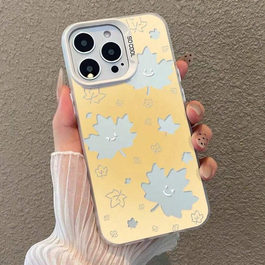 Maple Leaf Hollow Out Phone Case Compatible With Apple 17 Pro Max, 16, 13, 14 Plus, 15 Pro, 11, 18, Ginkgo Leaf Autumn Atmosphere Colorful Silver Hollow Design For Women - Champagne - View 1