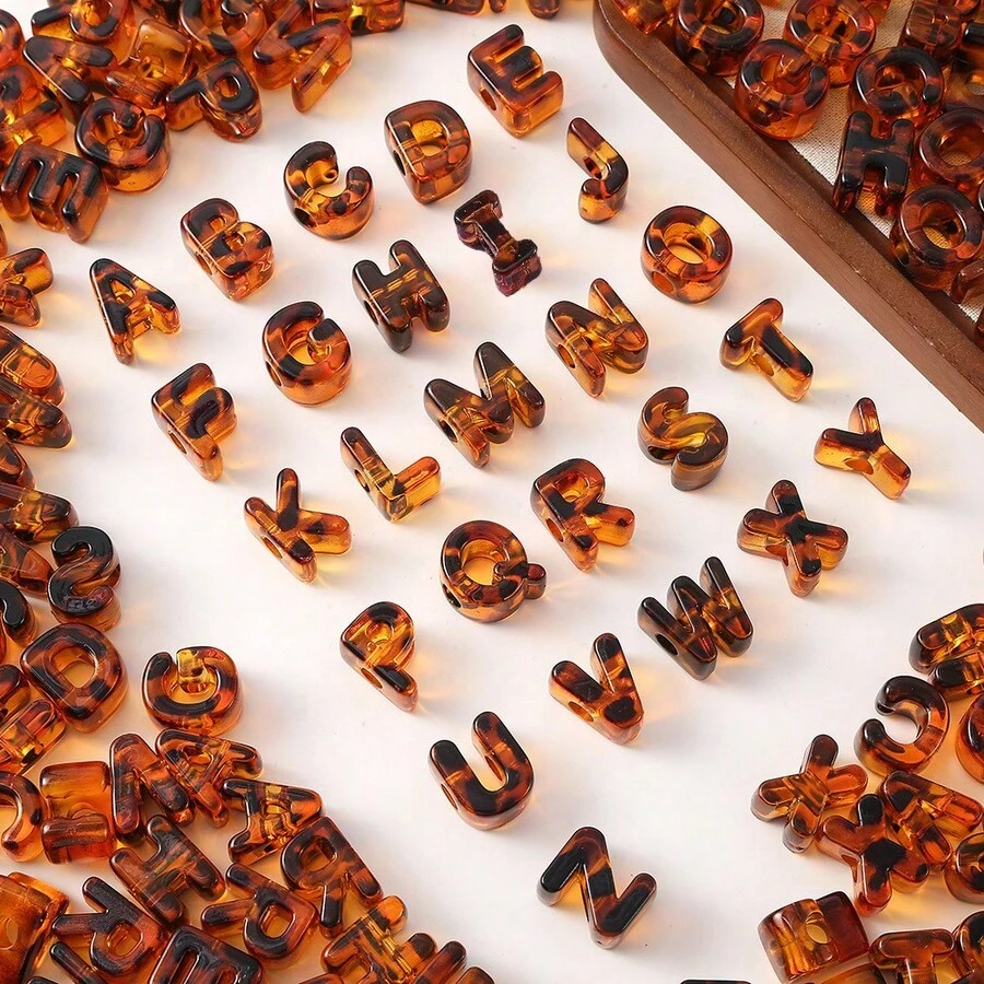 26pcs A-Z Tortoise Shell Acrylic Letter Beads, Large Hole, Suitable For DIY Keychains, Phone Chains, Jewelry Making - Brown - View 1