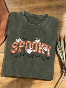 Plus Size Striped Halloween Ghost Appliques T-Shirt, Halloween Gift, Cozy Season Gift - Army Green - View 10