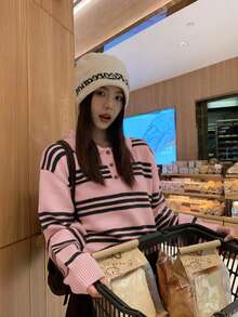 Women's Autumn/Winter Colorblock Striped Collared Sweater, Casual Loose Fit Pullover Long Sleeve Knit Top - Pink - View 4
