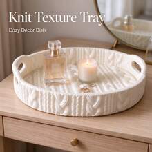 3D Printed Round Tray With Handle, Faux Knit Texture, Cream Style Desktop Aromatherapy Jewelry Storage Dish, INS Style Vanity Entryway Organizer, Home Decor Decorative Ornament - White - View 1