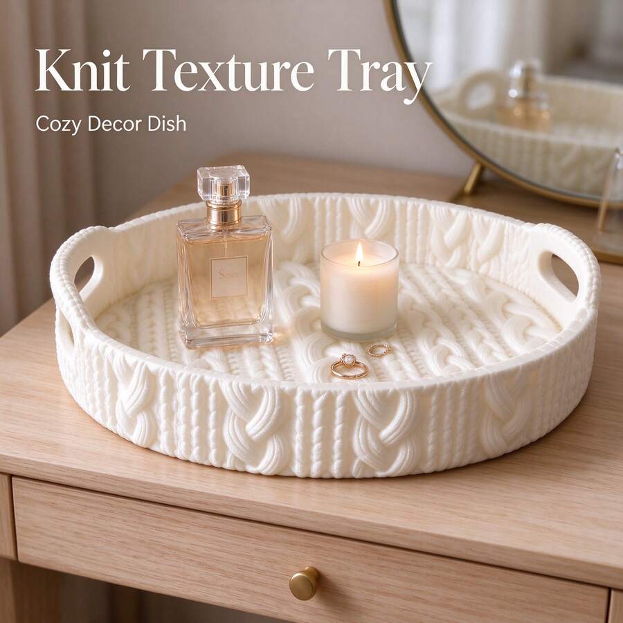 3D Printed Round Tray With Handle, Faux Knit Texture, Cream Style Desktop Aromatherapy Jewelry Storage Dish, INS Style Vanity Entryway Organizer, Home Decor Decorative Ornament - White - View 1