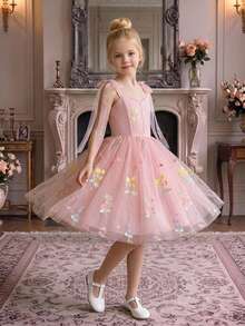 Tween Girls Spaghetti Strap Embroidered Floral Mesh Sweet Elegant Princess Dress, Flower Girl Dress Suitable For Party, Vacation, Outing, Evening Gala, Ball, Birthday Party, Fabric Floral Pattern Random Cut - Dusty Pink - View 1