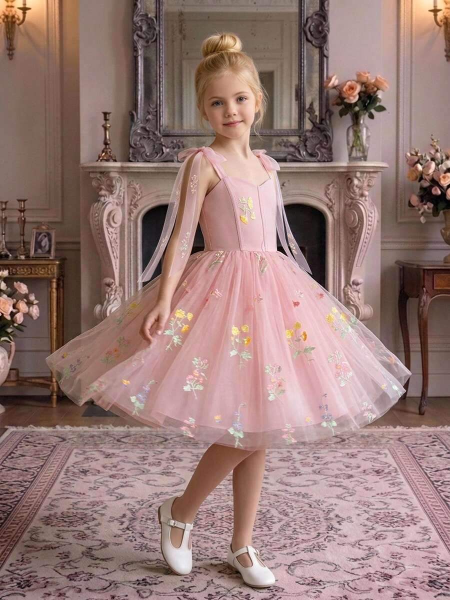Tween Girls Spaghetti Strap Embroidered Floral Mesh Sweet Elegant Princess Dress, Flower Girl Dress Suitable For Party, Vacation, Outing, Evening Gala, Ball, Birthday Party, Fabric Floral Pattern Random Cut - Dusty Pink - View 1
