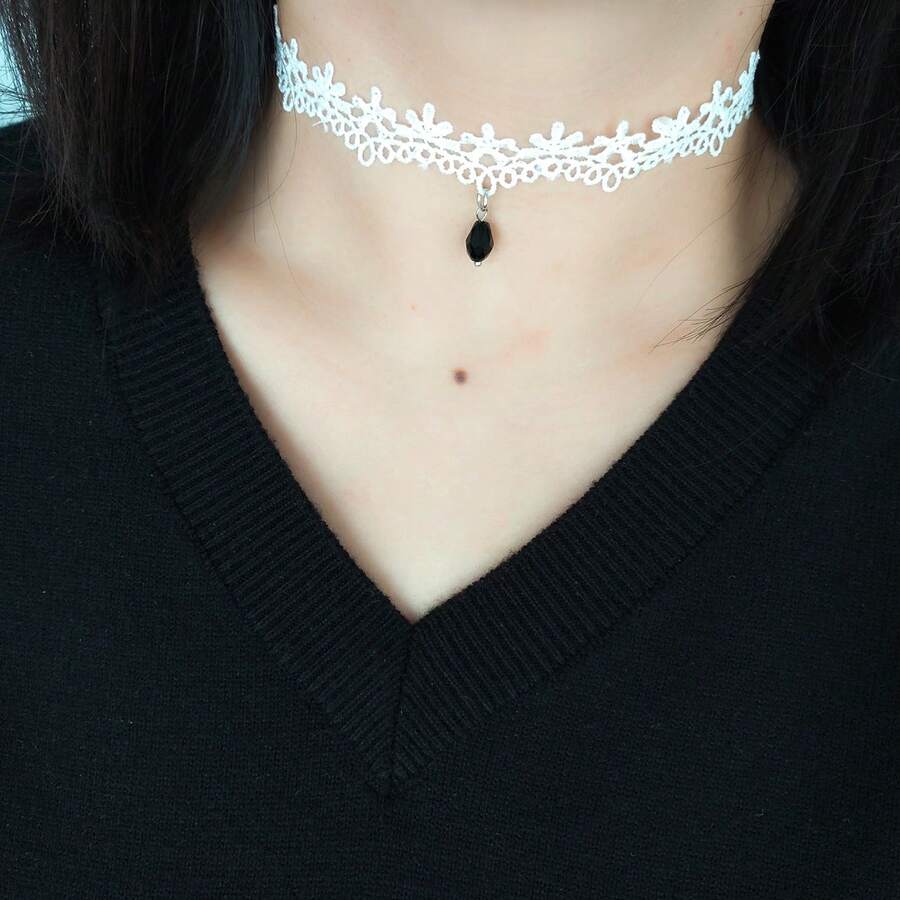 1pc Fashionable Minimalist Versatile Elegant Vintage Hollow Lace Glass Pendant Choker Necklace Neck Chain Necklace Women's Accessory Decoration Suitable For Daily Wear - White - View 1