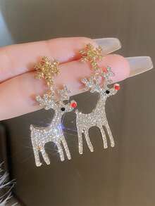 1 Pair Vintage Style Snowflake & Reindeer Pendant Earrings, Sparkling Rhinestone Accents - Suitable For Party & Casual Decor, Christmas Earrings - Multicolor - View 2