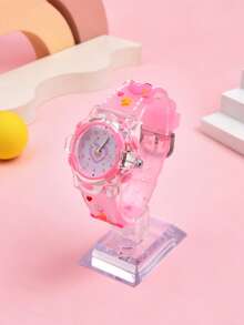 Girls Heart-Shaped Dual-Movement LED Glowing Quartz Watch, Cute Fashion Children Student Wristwatch, Daily Wear Accessory, Birthday Christmas Gift - Pink - View 5
