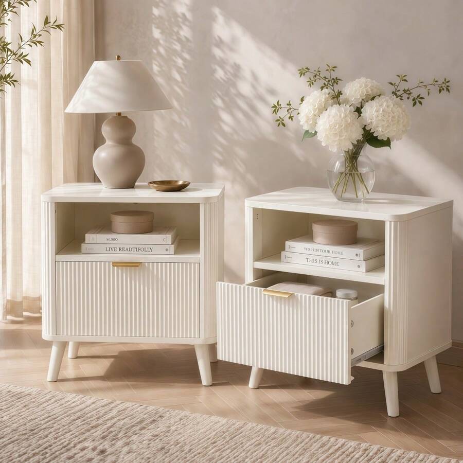 Set Of 2 Bedside Tables, Fluted Bedside Cabinets With Drawer & Open Shelf, Rounded Corner Nightstands With Gold Handles, Raised 4-Leg Solid Wood Base, White - Nightstands+Cream White - View 1