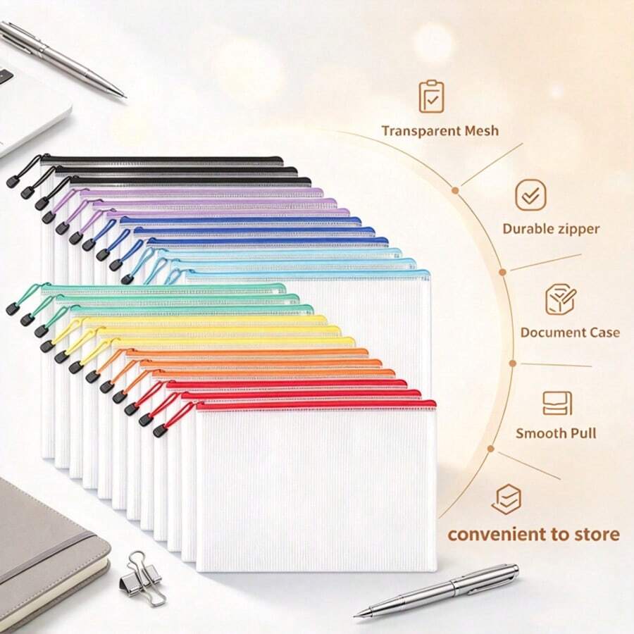 24-Piece Set Of A4 Plastic Transparent Zipper File Bags, PVC Mesh Zipper Bags, Plastic Mesh File Bags, Student Multi-Functional Station Carrying Bags, Suitable For Travel Storage, Office Supplies And Home Organization