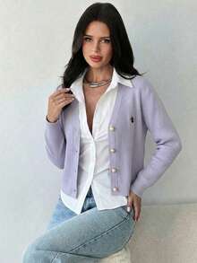 Ribbed V-Neck Sweater Cardigan, Long Sleeve Button Front, Relaxed Fit, Embroidered Detail, Light Purple, Casual Chic Fall Layering Top - Mauve Purple - View 4