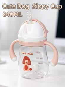 1個 240ML 卡通吸管杯 兒童用，可愛嬰兒防嗆奶學習杯，360°飲水，Tritan 防漏耐用，附手把與刻度，適合日常使用 - 粉色汪汪杯 - 查看 10