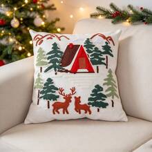 1pc Christmas Tree Embroidered Pillow Case, Winter Cabin Reindeer & Christmas Tree Embroidered Cushion Cover, Suitable For Sofa Bedroom Holiday Home Decor, Pillow Insert Not Included - Multicolor - View 4