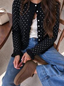 女款新款復古甜美風深棕色波點印花長袖針織開襟衫，正面、袖口與下擺獨特荷葉邊飾設計 - 黑色 - 查看 3
