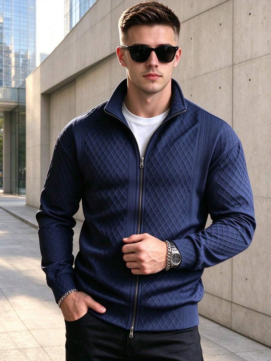 Men's Autumn/Winter Double Zipper Diamond Quilted Textured Fabric Casual Jacket - Navy Blue - View 1