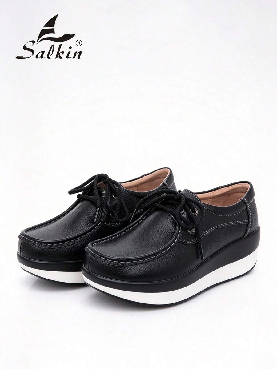 Salkin 新款时尚女士厚底运动鞋,纯色系带休闲鞋,柔软舒适透气鞋面,防滑外底,适合户外,适合春秋季节 - 黑色 - 查看 1