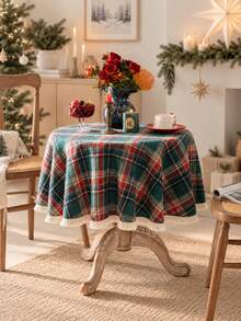 Round Christmas Plaid Tablecloth Red Green Tartan With Tassel Fringe Edge, Scandinavian Style Holiday Dining Table Cover, Cozy Winter Home Decor - Green - View 7