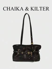 CHAIKA & KILTER 1件 PU布料托特包 女款復古時尚單肩包 雙手柄設計 拉鍊開合 飾帶裝飾 適合日常與街頭使用 - 黑色 - 查看 2