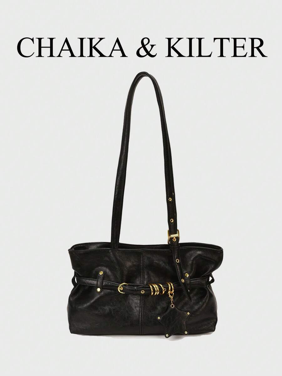 CHAIKA & KILTER 1件 PU布料托特包 女款復古時尚單肩包 雙手柄設計 拉鍊開合 飾帶裝飾 適合日常與街頭使用