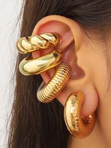 4pcs Exaggerated C-Shaped Spiral Hollow Large Ear Clips, Fashion Ear Clips, Earrings, Suitable For Women's Daily Wear - Yellow Gold - View 1