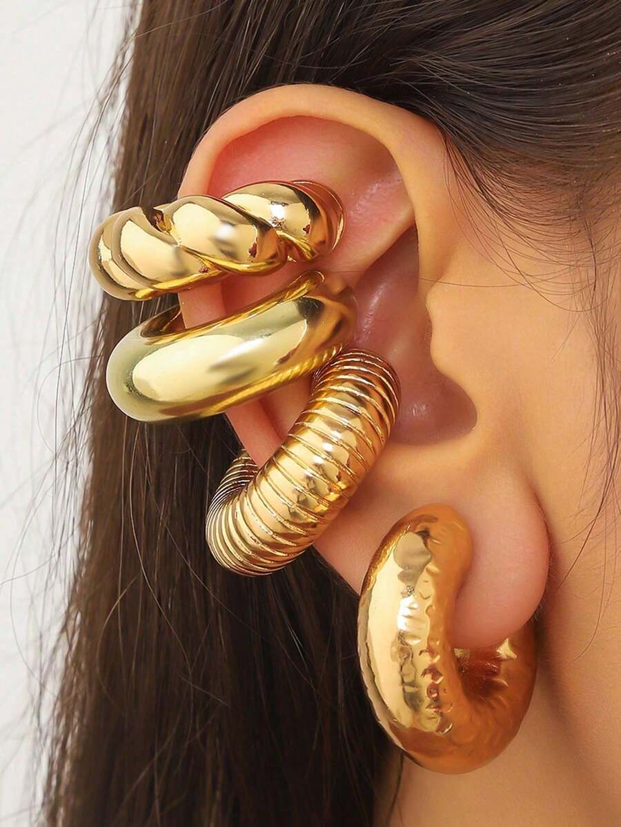 4pcs Exaggerated C-Shaped Spiral Hollow Large Ear Clips, Fashion Ear Clips, Earrings, Suitable For Women's Daily Wear - Yellow Gold - View 1
