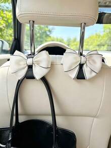 2PCS Black & White Bow Knot Hooks, Exquisite Bow Knot Decorative Hooks, Soft Bow Knot Accessories, Car Interior Storage Decor - Hook Up - View 3