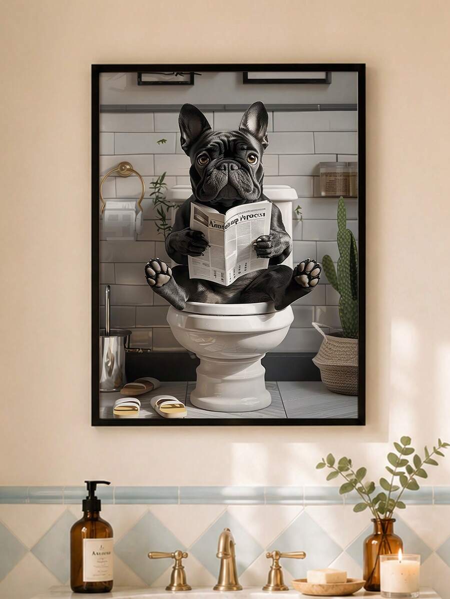 1pc Funny French Bulldog Toilet Theme Canvas Art Painting - Perfect Gift For Dog Lovers, Suitable For Living Room And Bedroom Wall Decor - Multicolor - View 1