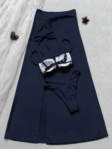 Women's Solid Halter Bikini Three Pieces Set, With A Front Drawstring And Metal Buckle Design On The Skirt For A Retro And Elegant Vibe. - Navy Blue - View 3