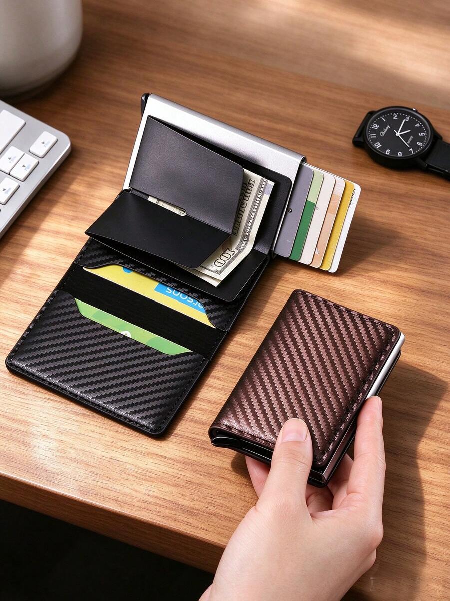 Mini Pop-Up Credit Card Holder Anti-Theft RFID Men's Wallet Multi-Slot Card Holder Ultra-Thin Carbon Fiber Card Case Aluminum Alloy Card Box Mini Ticket Holder Travel Document Organizer Portable Card Storage Bag - Multicolor - View 1