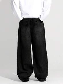 1pc Justice Brother Men's Loose Fit Washed Denim Casual Baggy Wide Leg Jeans Pants (Belt And Accessories Not Included) - Black - View 6