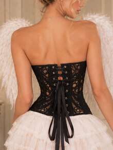 Apperloth A Elegant Boned Corset Tops Hollow Out Semi-Sheer Lace Mesh Crop Tube Top Asymmetrical Hem Tie Back Bustier Shapewear Rave Party Halloween Costumes - Black - View 2