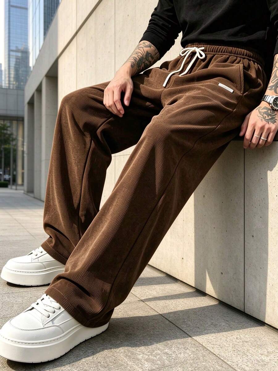 Men's Corduroy Drawstring Waist Pocket Loose Casual Corduroy Long Pants - Coffee Brown - View 1