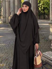穆斯林女款 Abaya 套裝，純黑色紋理長袖長版內裙搭配不對稱下擺開襟外套，杜拜風保守伊斯蘭長袍 - 黑色 - 查看 7