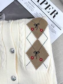 Vintage Argyle Floral Bow Embroidered Knit Cardigan - Champagne - View 7