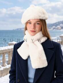 1 Set Women's Solid Color Faux Fur Sweet Casual Versatile Elegant Polyester Faux Fur Beret Hat & Scarf, Autumn/Winter Daily Wear - Milky White - View 3