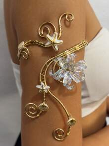 imoli 1pc Fashion Bohemian Metal Resin Lily Flower Shell Design Arm Cuff, Spiral Adjustable Open Body Chain Arm Ring, Suitable For Women's Party Beach Vacation Arm Jewelry - 34161-ab-g - View 6